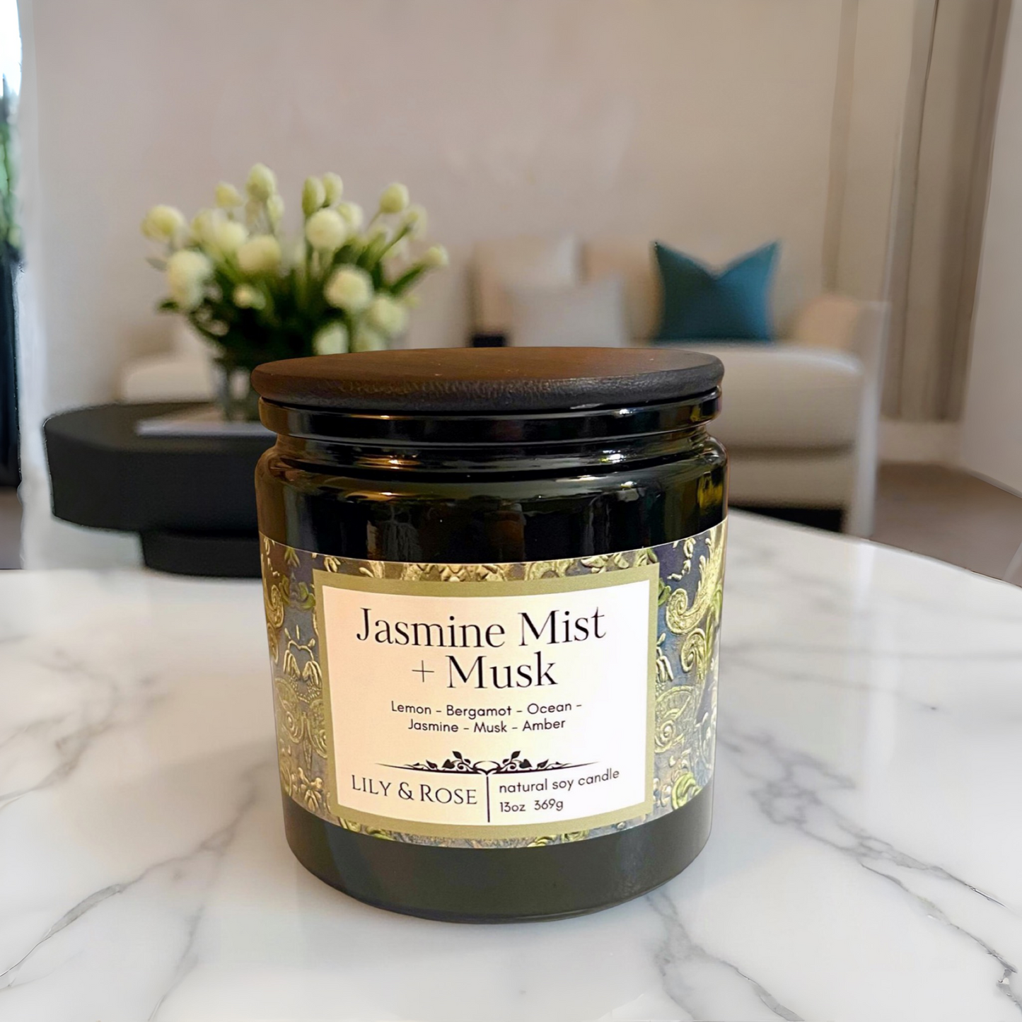 NEW!! Jasmine Mist + Musk _ Soy Candle_13oz Green Vessel_Recycled