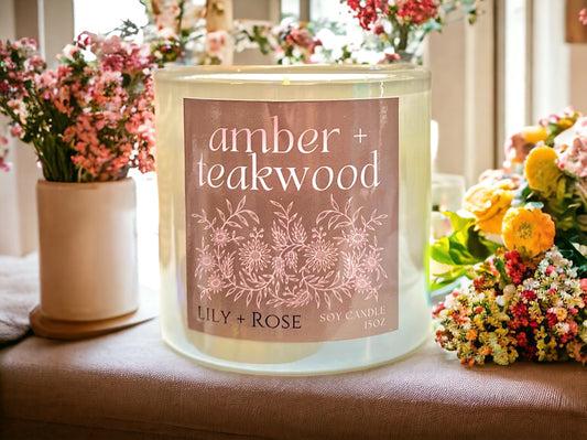 Amber Teakwood | 15oz Soy Candle | Glass Tumbler - LILY & ROSE 